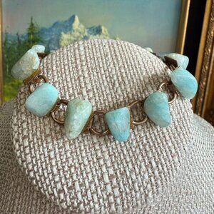 Vintage Larimar Stone Bracelet With Gold Plated Chain & Clasp 7" Length